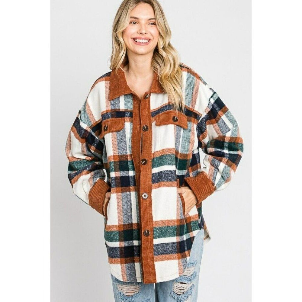 GeeGee Clothing Plaid Button Up Shirt Jacket Shacket Camel Combo S-L SJ1798